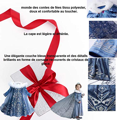 IWFREE Niñas Cosplay Vestido de Princesa Elsa con Capa Vestido de Manga Larga Vestido Largo Disfraz Azul Dulce Disfraz Ceremonia de Fiesta Halloween Navidad 3-9 años 100-150cm