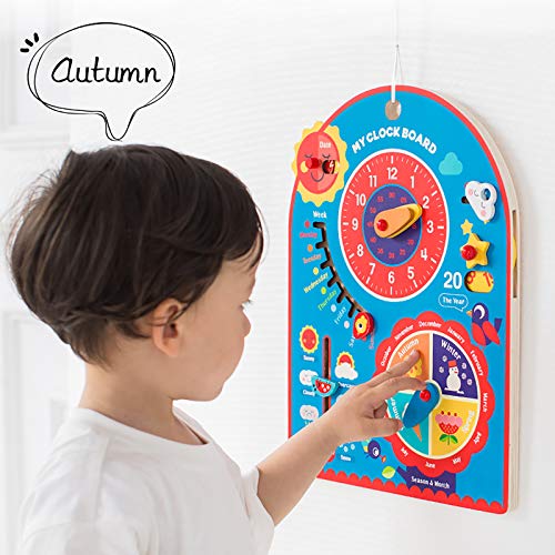 Jacootoys 8 en 1 Calendario Reloj de Aprendizaje Juguetes Educativos Montessori de Madera Pequeños Niños Niñas Regalos