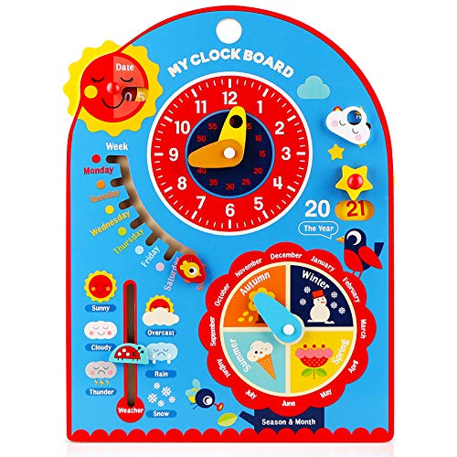 Jacootoys 8 en 1 Calendario Reloj de Aprendizaje Juguetes Educativos Montessori de Madera Pequeños Niños Niñas Regalos