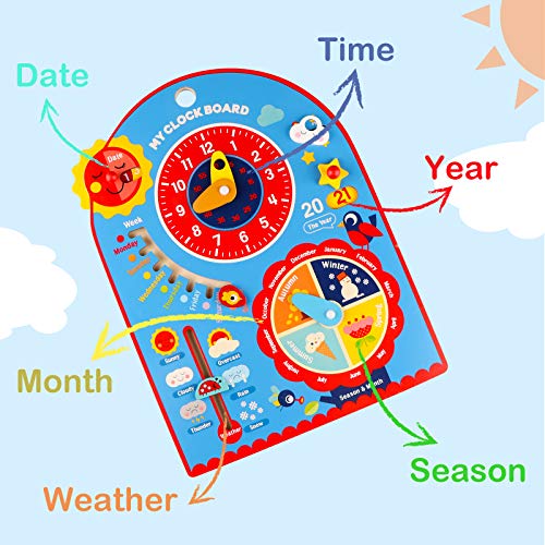 Jacootoys 8 en 1 Calendario Reloj de Aprendizaje Juguetes Educativos Montessori de Madera Pequeños Niños Niñas Regalos