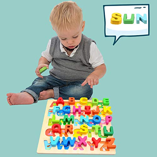 Jacootoys Alfabeto Puzzle de Madera ABC Tablero de Rompecabezas Grueso Aprendizaje Temprano Juguetes Educativos Regalo para Niños