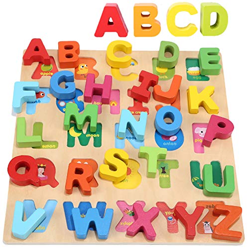 Jacootoys Alfabeto Puzzle de Madera ABC Tablero de Rompecabezas Grueso Aprendizaje Temprano Juguetes Educativos Regalo para Niños