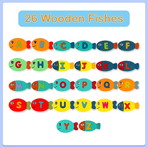 Jacootoys Juego de Pesca 2 en 1 Alfabeto de Madera Carta magnética Juguetes de Pesca 30 Piezas Juegos educativos para niños 3 4 5 años