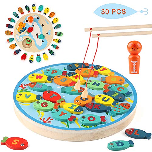 Jacootoys Juego de Pesca 2 en 1 Alfabeto de Madera Carta magnética Juguetes de Pesca 30 Piezas Juegos educativos para niños 3 4 5 años