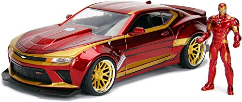 Jada Toys, 99724R, Modelo 2016, Chevy Camaro con Figura Iron Man 1/24 Die Cast Marvel, Rojo/Oro