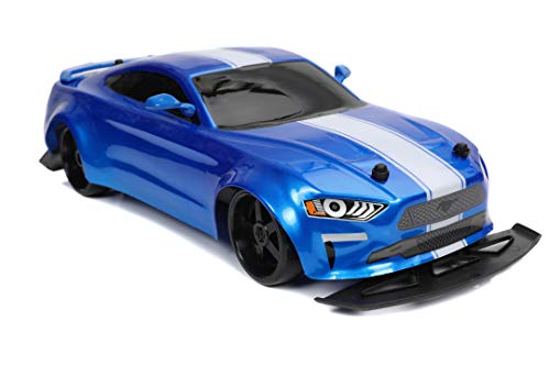 Jada Toys Fast & Furious RC Drift Jakob's Ford Mustang GT - Coche teledirigido (Control Remoto de 2 Canales, función Turbo, 4 Ruedas de Repuesto, 1:10, Azul, a Partir de 8 años)