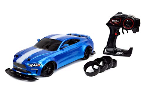 Jada Toys Fast & Furious RC Drift Jakob's Ford Mustang GT - Coche teledirigido (Control Remoto de 2 Canales, función Turbo, 4 Ruedas de Repuesto, 1:10, Azul, a Partir de 8 años)