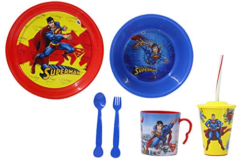 Jamara 410132 Superman - Vajilla Infantil (8 Piezas, Apto para lavavajillas, Plato, Taza, Cuenco para Cereales, Tenedor, Cuchara, Vaso con Tapa y Pajita), Color Rojo