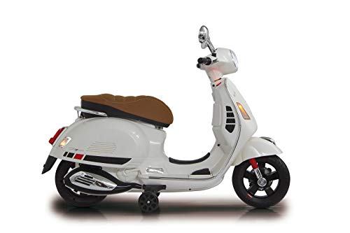 Jamara 460346 - Ride-on Vespa Blanco 12V 500 mA – Batería Potente, Motor Potente, Faro LED, SD, AUX, USB, Ruedas de Apoyo, Ruedas Ultragrip