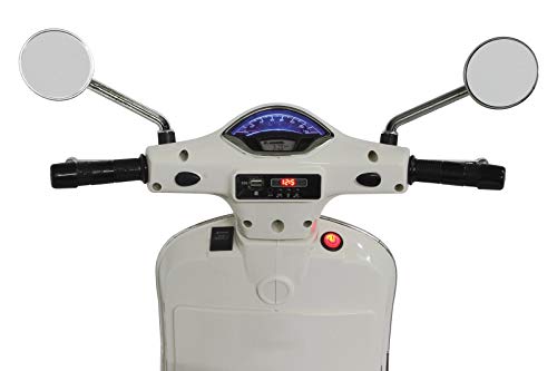 Jamara 460346 - Ride-on Vespa Blanco 12V 500 mA – Batería Potente, Motor Potente, Faro LED, SD, AUX, USB, Ruedas de Apoyo, Ruedas Ultragrip