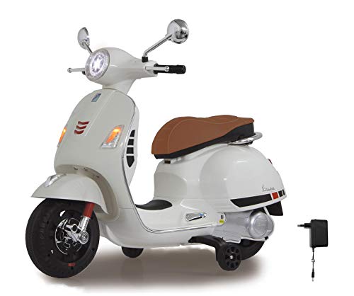 Jamara 460346 - Ride-on Vespa Blanco 12V 500 mA – Batería Potente, Motor Potente, Faro LED, SD, AUX, USB, Ruedas de Apoyo, Ruedas Ultragrip