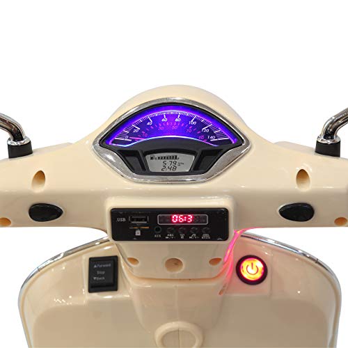 Jamara- Ride-on Vespa GTS 125-Potente Motor de accionamiento y batería, Ranura para Tarjetas SD, Entrada Auxiliar/USB, Anillo de Goma, Ruedas de Apoyo, Faros LED, Color Beige (460599)