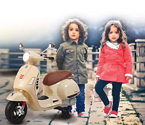 Jamara- Ride-on Vespa GTS 125-Potente Motor de accionamiento y batería, Ranura para Tarjetas SD, Entrada Auxiliar/USB, Anillo de Goma, Ruedas de Apoyo, Faros LED, Color Beige (460599)