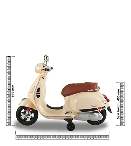 Jamara- Ride-on Vespa GTS 125-Potente Motor de accionamiento y batería, Ranura para Tarjetas SD, Entrada Auxiliar/USB, Anillo de Goma, Ruedas de Apoyo, Faros LED, Color Beige (460599)