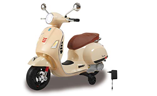 Jamara- Ride-on Vespa GTS 125-Potente Motor de accionamiento y batería, Ranura para Tarjetas SD, Entrada Auxiliar/USB, Anillo de Goma, Ruedas de Apoyo, Faros LED, Color Beige (460599)