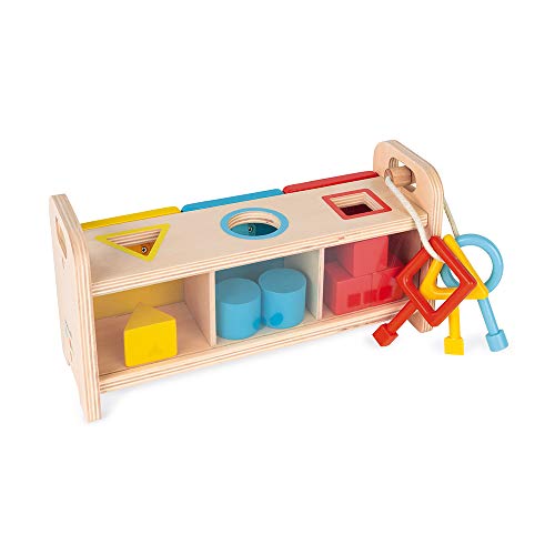 Janod - Essentiel - La Caja de Llaves - Juego Educativo de Madera para Niños 2 en 1 - Aprender Formas y Colores y Desarrollar la Motricidad Fina - Pintura al Agua - A partir de 18 meses, J05065