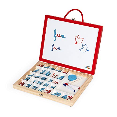 Janod - Essentiel - Maletín de Letras Cursivas 4 En 1 de Madera - Juego Pedagógico - Aprender Las Letras y a Leer - 110 Accesorios Incluidos - Pintura al Agua - A partir de 3 Años, J05073