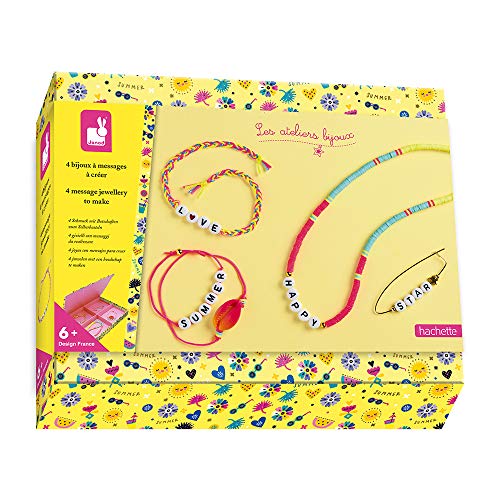 Janod - Estuche 4 Joyas con Mensajes para Crear - Les Ateliers Bijoux - Kit Infantil de Manualidades Creativas - Desarrolla la Motricidad Fina y la Creatividad - A partir de 6 Años, J07932