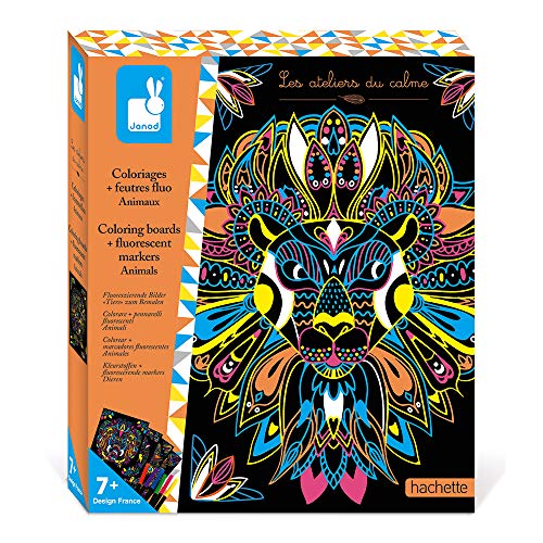 Janod - Estuche Colorear Mandas y Rotuladores Fluorescentes Animales - Kit Infantil de Manualidades Creativas - Desarrolla la Motricidad Fina y la Creatividad - A Partir de 7 años, J07949