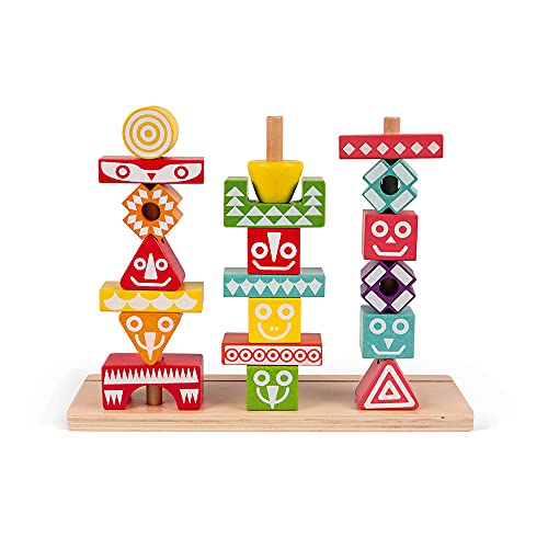 Janod - I Wood Edutotem - Juego Educativo con Piezas Apilables, Equilibrio, 52 Piezas, Pinturas de Base Acuosa, Certificado FSC® - Desde Los 3 Años, J05331