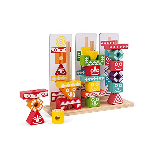 Janod - I Wood Edutotem - Juego Educativo con Piezas Apilables, Equilibrio, 52 Piezas, Pinturas de Base Acuosa, Certificado FSC® - Desde Los 3 Años, J05331