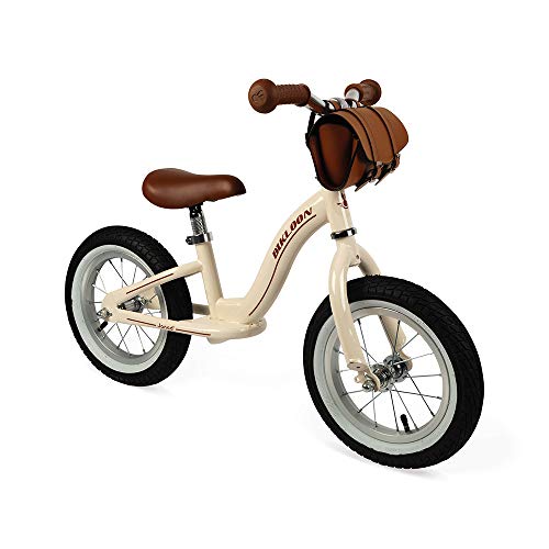 Janod - J03294 - Bicicleta de equilibrio metálica y estilo retro con sillín ajustable, neumáticos inflables y bolso incluido, color beis, para aprendizaje de equilibrio, para niños a partir de 3 años