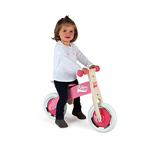 Janod - Mi primera Bicicleta sin pedales Bikloon - Madera - Aspecto Vintage - Aprendiendo Equilibrio y Autonomía - Silla Ajustable y Neumáticos Inflables - Color Rosa - A partir de 2 años