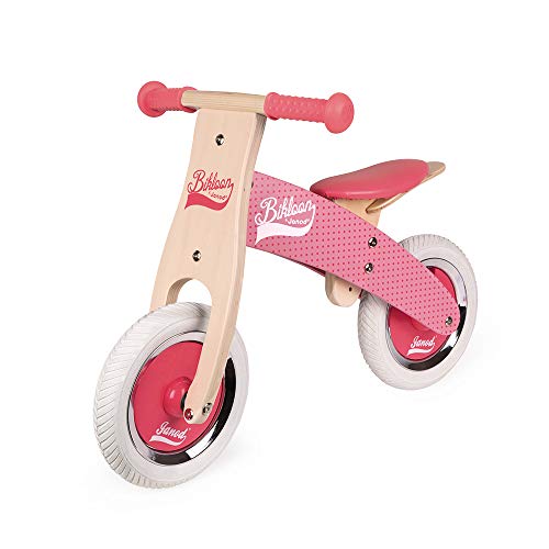 Janod - Mi primera Bicicleta sin pedales Bikloon - Madera - Aspecto Vintage - Aprendiendo Equilibrio y Autonomía - Silla Ajustable y Neumáticos Inflables - Color Rosa - A partir de 2 años