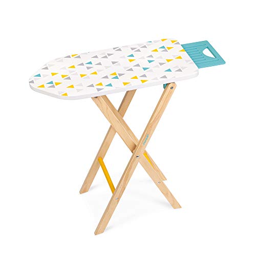 Janod - Tabla de planchar para niños, con mesa deslizante + 1 plancha + 3 perchas - Juguete de imitación de madera - Certificado FSC - 3 a 8 años, J06502