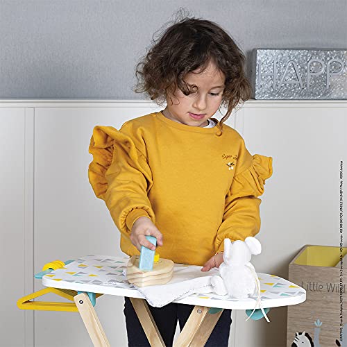 Janod - Tabla de planchar para niños, con mesa deslizante + 1 plancha + 3 perchas - Juguete de imitación de madera - Certificado FSC - 3 a 8 años, J06502