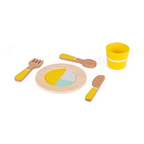 Janod - Vajilla de Madera 20 Piezas Diseño Retro - Juego de Imitación - Juego de Cocina - Desarrolla la Motricidad Fina y la Imaginación - A partir de 3 Años, J06600