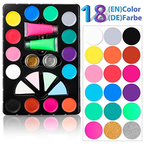 Janolia 18 Colors Pintura Facial, Pintura Corporal con 14 Colores Normales, 2 Fluorescentes y 2 Purpurinas, Maquillaje para Cuerpo Profesional, Colorantes Naturales y Seguros para Niños y Adulto