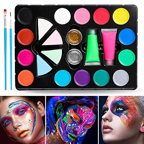 Janolia 18 Colors Pintura Facial, Pintura Corporal con 14 Colores Normales, 2 Fluorescentes y 2 Purpurinas, Maquillaje para Cuerpo Profesional, Colorantes Naturales y Seguros para Niños y Adulto