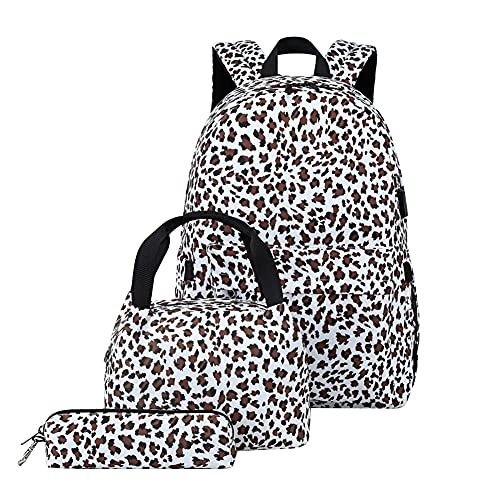 JAWSEU Mochila Escolares, Linda Mochila con Estampado de Leopardo Set de 3 Piezas Impermeable Mochila Escolar para niñas, Mochilas Escolares para Acampar con Puerto USB para NiñOs NiñAs (marrón)