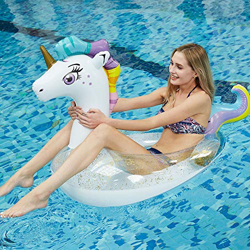 JCT Unicornio Flotador Hinchable Hamaca para Piscina Inflable Unicornio Anillo de Natación Flotador de Piscina Inflable Juguetes para la Piscina de Aire Adultos Niños (Blanco, Unicornio)