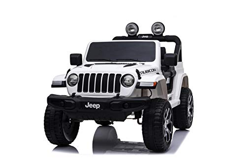 Jeep Wrangler Rubicon Coche eléctrico 4x4. El vehículo Dispone de 4 Motores de 12v - 35w. con Asiento de Cuero Puertas Que se abren con Control Remoto de 2.4 GHz Arranque Suave