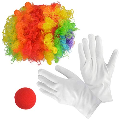 Jerbro Juego de 4 disfraz de payaso arco iris peluca payaso nariz guantes blancos para fiestas de payaso carnavales