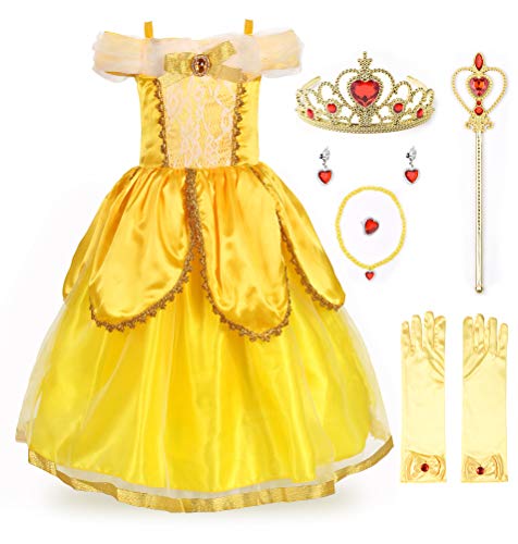 JerrisApparel Niña Princesa Belle Disfraz Tul Fiesta Trajes Vestido (7 años, Amarillo 2 con Accesorios)