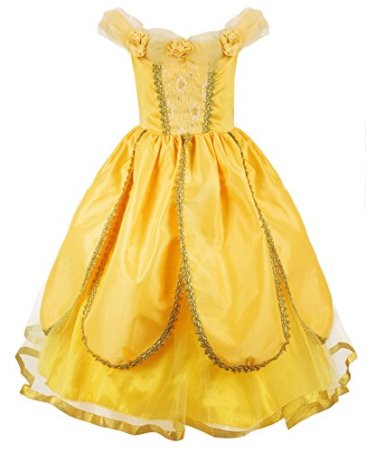 JerrisApparel Niña Princesa Belle Disfraz Tul Fiesta Trajes Vestido (Amarillo 1, 4 años)