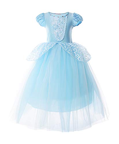 JerrisApparel Niña Princesa Cenicienta Disfraz Manga de Soplo Fiesta Vestido (8 años, Azul con Accesorios)