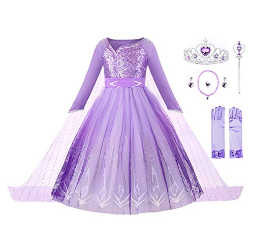 JerrisApparel Niña Princesa Disfraz Nieve Fiesta Navidad Carnaval Cosplay Vestido (5 años, Morado con Accesorios)