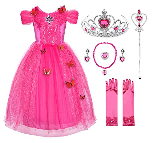 JerrisApparel Nuevo Vestido de niña Ceremonia Princesa Disfraz con Mariposa (110, Rosa con Accesorios)