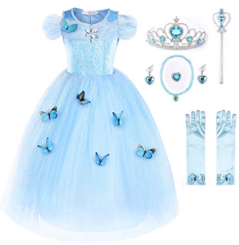 JerrisApparel Nuevo Vestido de niña Ceremonia Princesa Disfraz con Mariposa (130cm, Cielo Azul con Accesorios)