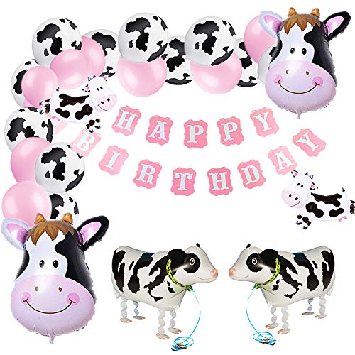 JeVenis 28 globos de vaca rosa decoración de cumpleaños de vaca de animales de granja, decoraciones de cumpleaños de granja, vaquero, fiesta de globos, tema de vaca, bandera de fiesta