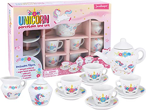 Jewelkeeper - Juego de té Unicornio para niñas, Servicio de té Juguete de Porcelana de 13 Piezas