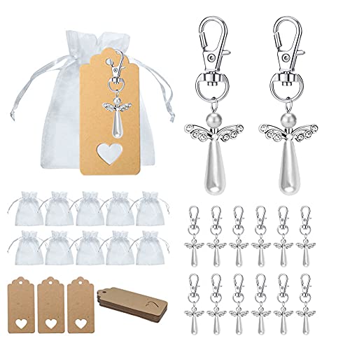 JinsenTGG 30 Piezas De Llavero De ángel De La Guarda, Colgante De Bautismo De Boda, Colgante De ángel con Etiqueta De Papel Kraft, Bolsa De Organza para Regalo, Decoración De Mesa Navideña