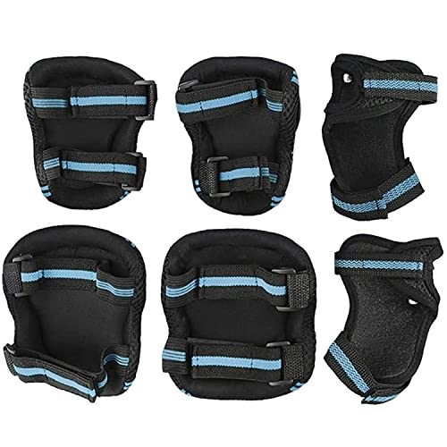 JINYOMFLY Juego de Equipo de Protección para Adultos, Equipo de Protección 6 en 1 Set ​Rodilleras Coderas Muñequeras para Monopatín, Skate, Patines, Patinaje, Scooter, Bicicleta (Negro Azul)