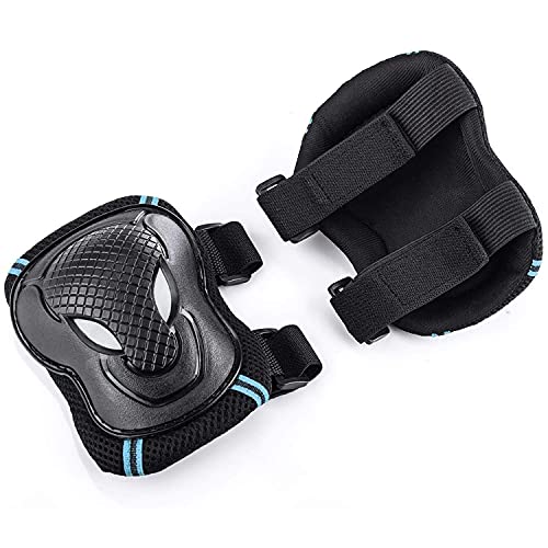 JINYOMFLY Juego de Equipo de Protección para Adultos, Equipo de Protección 6 en 1 Set ​Rodilleras Coderas Muñequeras para Monopatín, Skate, Patines, Patinaje, Scooter, Bicicleta (Negro Azul)