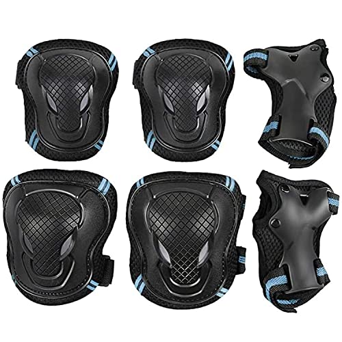 JINYOMFLY Juego de Equipo de Protección para Adultos, Equipo de Protección 6 en 1 Set ​Rodilleras Coderas Muñequeras para Monopatín, Skate, Patines, Patinaje, Scooter, Bicicleta (Negro Azul)