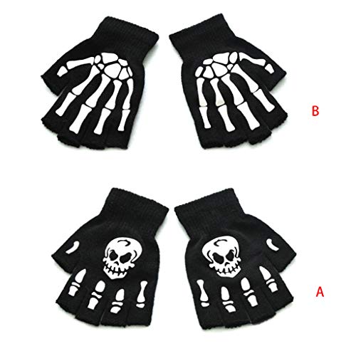 Jiushiwwwan niños pequeños Halloween Cosplay Esqueleto Calavera Medio Dedo Guantes Que Brillan en la Oscuridad Luminosos Guantes de Invierno sin Dedos B #